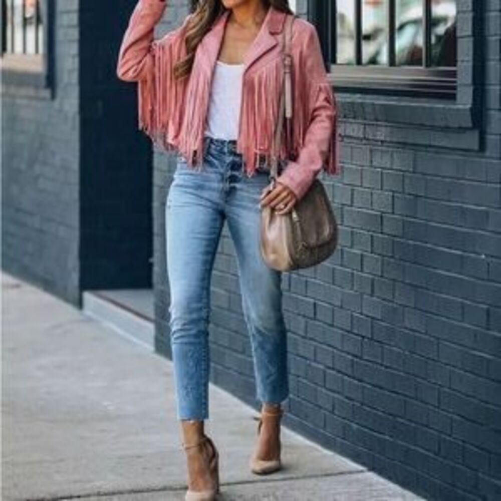 women Pink faux suede tassel blazer suit jacket - Picture 2 of 2